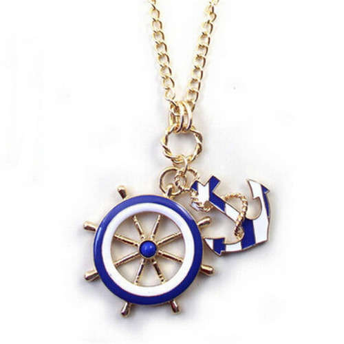 Blue White Navy Style Anchor Pendant Necklace