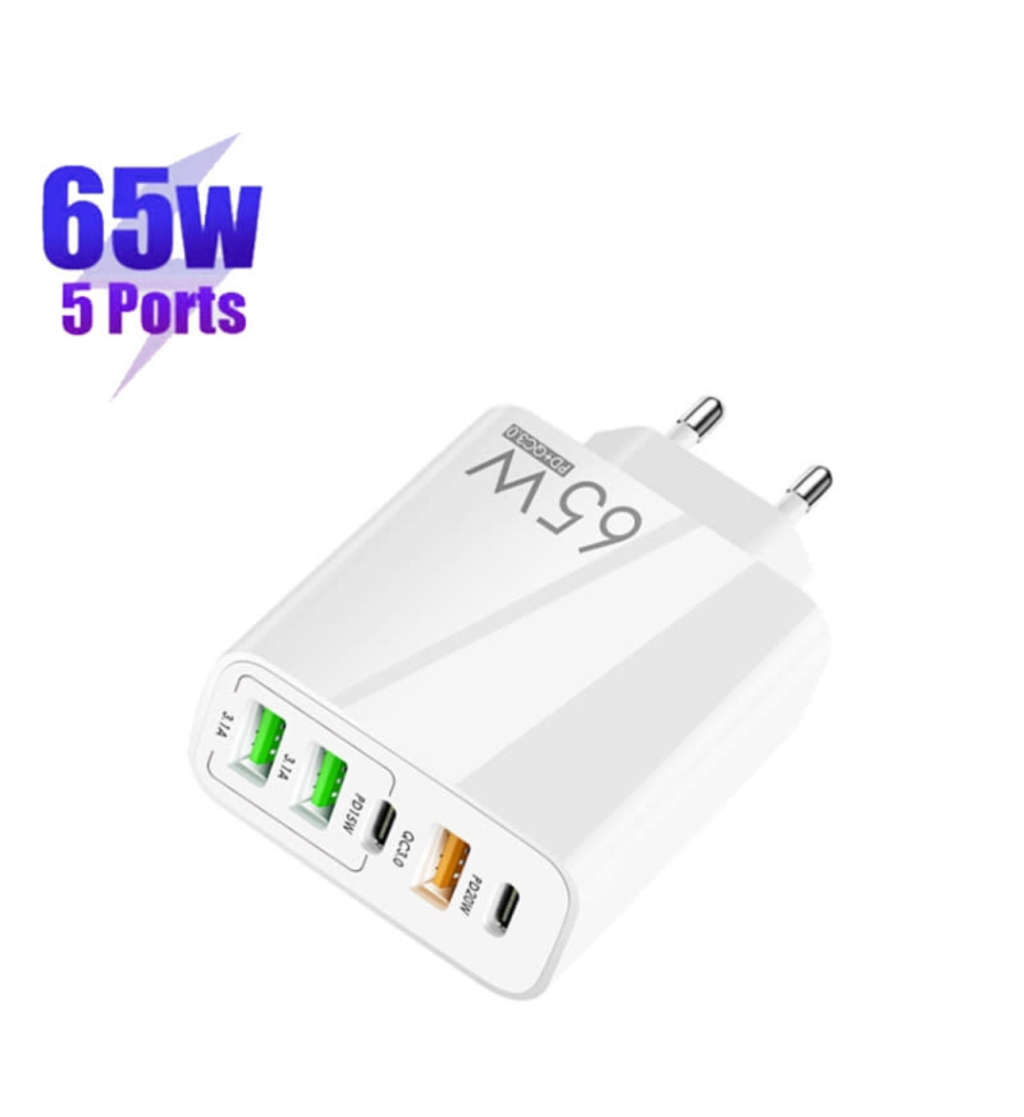 65W USB C Charger, 5-Port with Type-C PD+3USB Compatible GaN Technology Fast Charging Phone Adapter