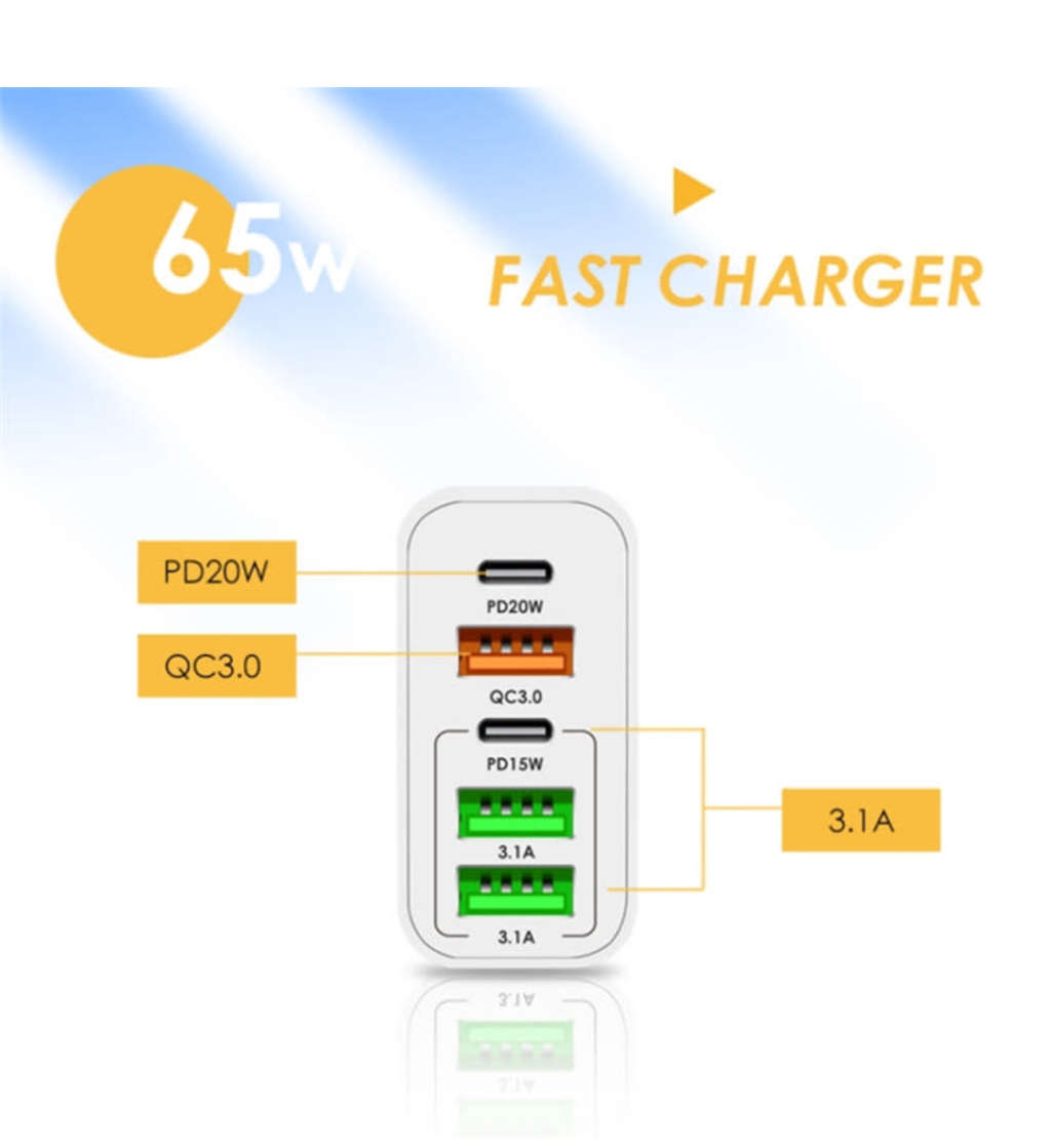 65W USB C Charger, 5-Port with Type-C PD+3USB Compatible GaN Technology Fast Charging Phone Adapter
