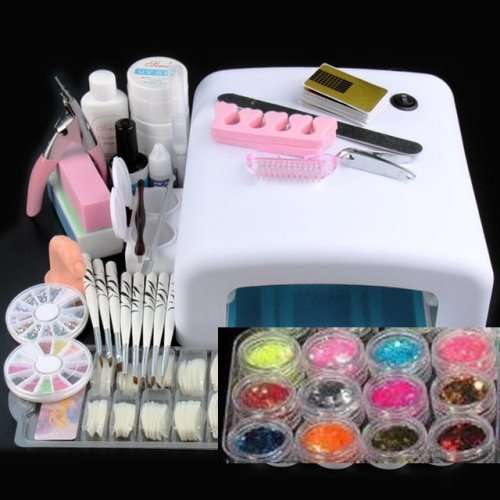 GEL NAIL STARTER KIT SET WITH 36 WATT UV LAMP + 12 COLORS GLITTER