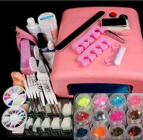GEL NAIL STARTER KIT SET WITH 36 WATT UV LAMP +12 COLORS GLITTERS