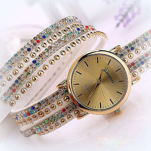 Ladies wrist wrap watch Rainbow white Faux suede Geneva Quartz watch.Big dial.