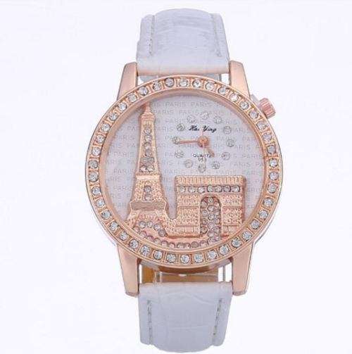 Elegant Rose Gold & Crystal Eiffel Tower Leather Quartz Wrist Watc