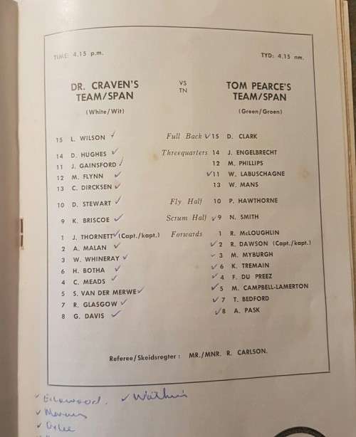 1964 JUBILEE PROGRAMME - DANIE CRAVEN XV V TOM PEARCE XV