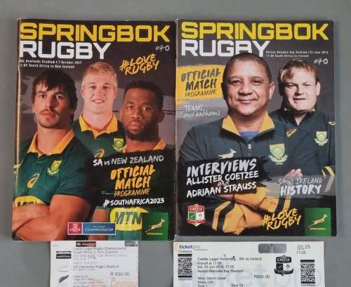 2017 SPRINGBOKS V NEW ZEALAND AND 2016 V IRELAND MATCH PROGRAMMES WITH TICKETS