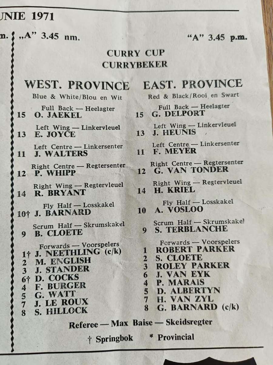 1971 EASTERN PROVINCE V WESTERN PROVINCE SIGNED RUGBY PROGRAMME , CRAVEN , HOPWOOD AND OTHERS