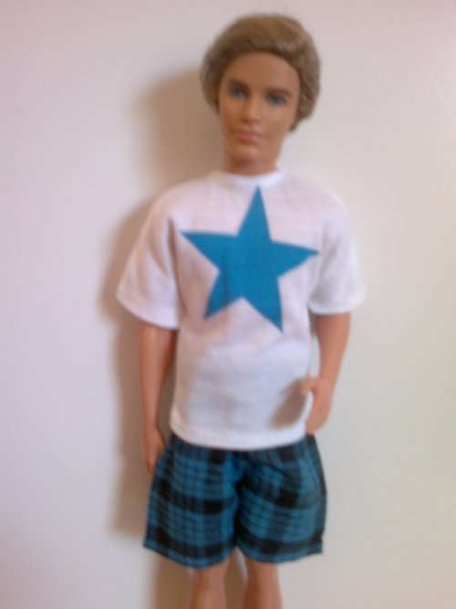 Ken blue check shorts with + white T-shirt with blue star. (DA)