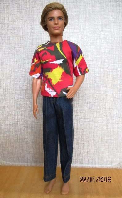 Ken - Barbie - denim jeans and red print T-shirt.
