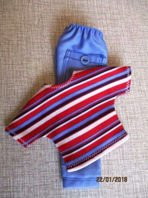 Ken - Barbie - blue cargo pants with red striped T-shirt.