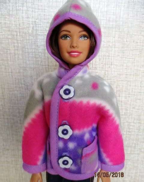 Barbie doll's polar fleece hoodie - pink, grey and mauve stripe