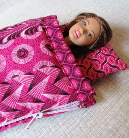 Barbie doll's sleeping bag - pink stripe shweshwe