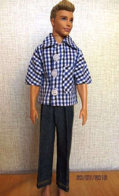 Ken - Barbie - doll's denim jeans with blue and white check shirt.