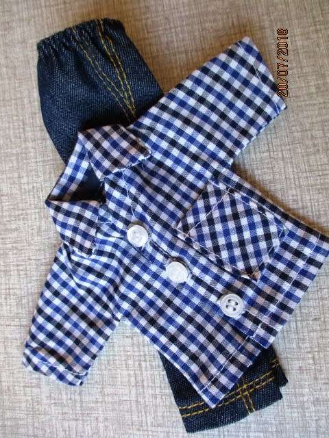 Ken - Barbie - doll's denim jeans with blue and white check shirt.