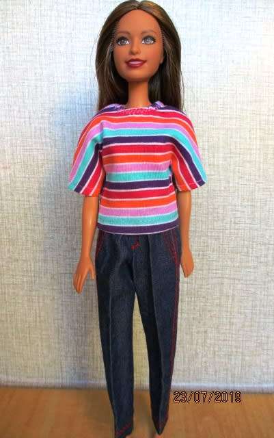 Barbie doll's jeans and bright stripe T-shirt