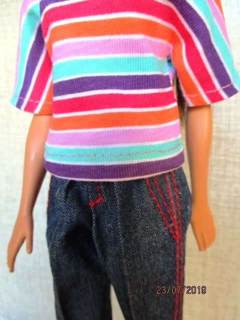 Barbie doll's jeans and bright stripe T-shirt