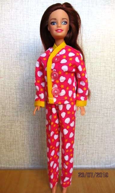 Barbie doll's winter PYJAMAS - pink and white hearts + yellow