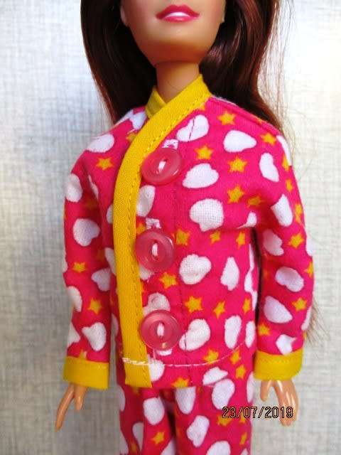 Barbie doll's winter PYJAMAS - pink and white hearts + yellow