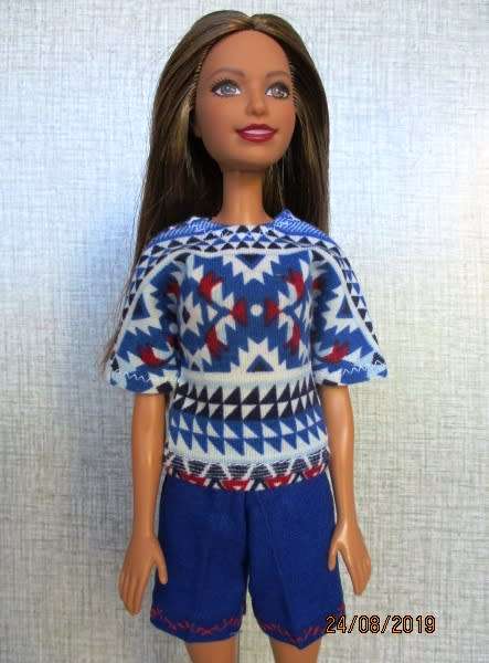 Barbie doll's blue fitted shorts + red/blue/white tee