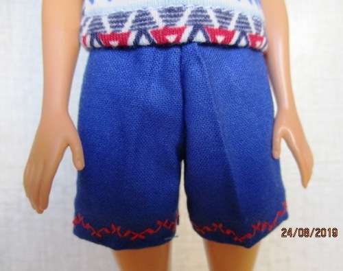 Barbie doll's blue fitted shorts + red/blue/white tee