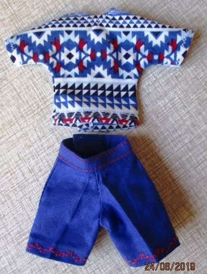 Barbie doll's blue fitted shorts + red/blue/white tee