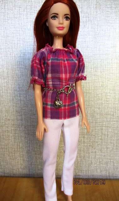 Barbie doll's pink check top + leggings + chain belt