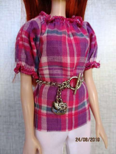Barbie doll's pink check top + leggings + chain belt
