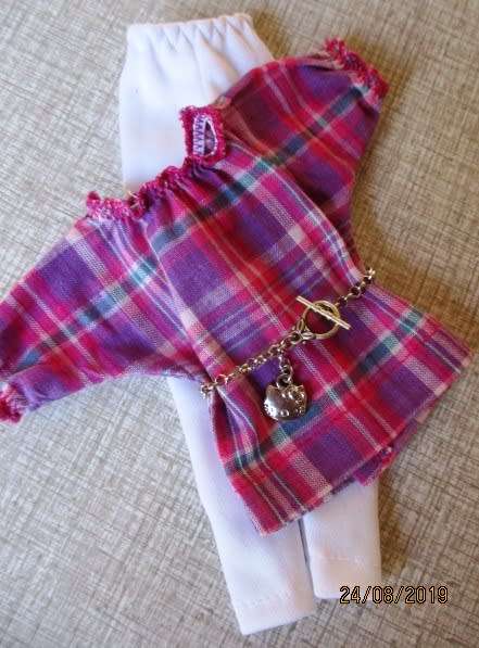 Barbie doll's pink check top + leggings + chain belt