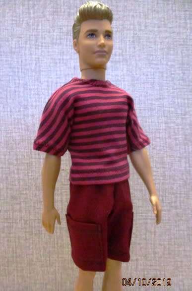 Ken doll's shorts and T-shirt - maroon stripe