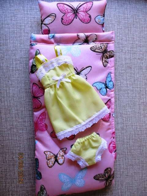 Barbie doll's sleeping bag + summer nightie - pink butterfly + yellow