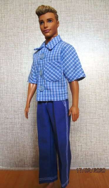 Ken doll's pants and shirt with collar - blue check