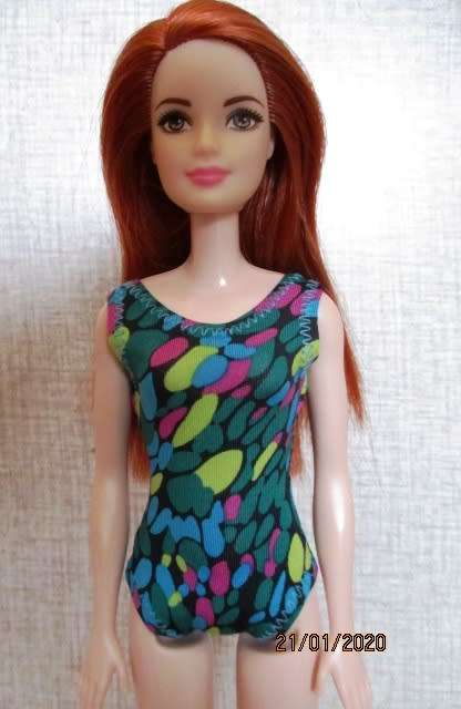 Barbie doll's bathing costume in green print + beach towel