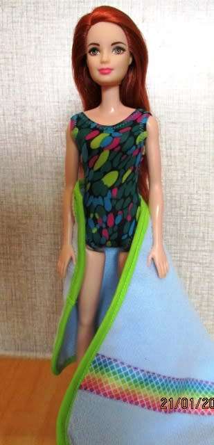 Barbie doll's bathing costume in green print + beach towel
