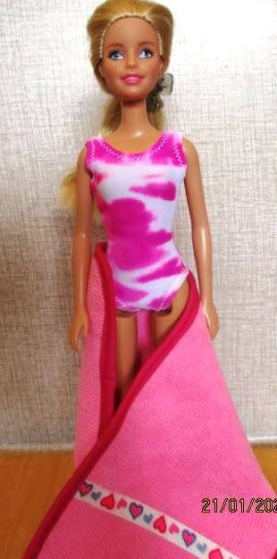 Barbie doll's bathing costume in pink tie dye plus beach towel