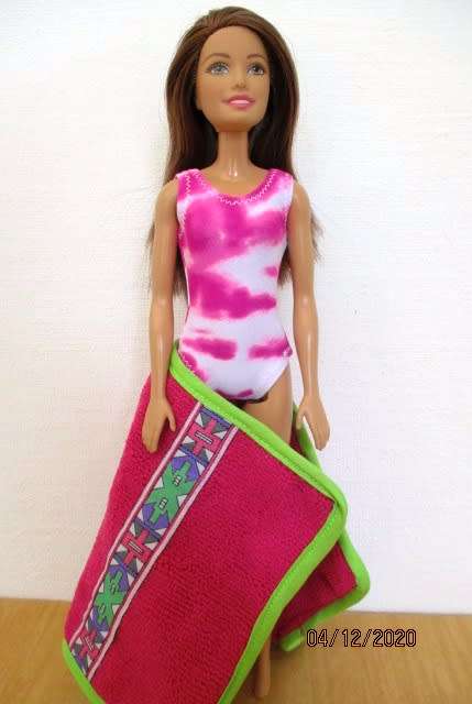 Barbie doll`s bathing costume and beach towel - pink and lime
