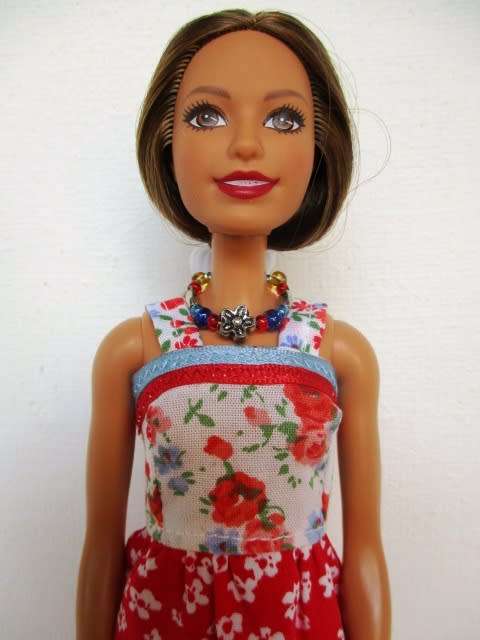 Barbie doll`s long dress + bag and necklace - red/blue