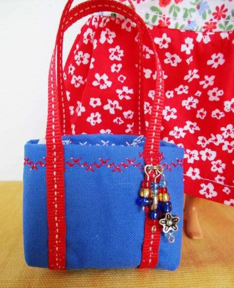 Barbie doll`s long dress + bag and necklace - red/blue