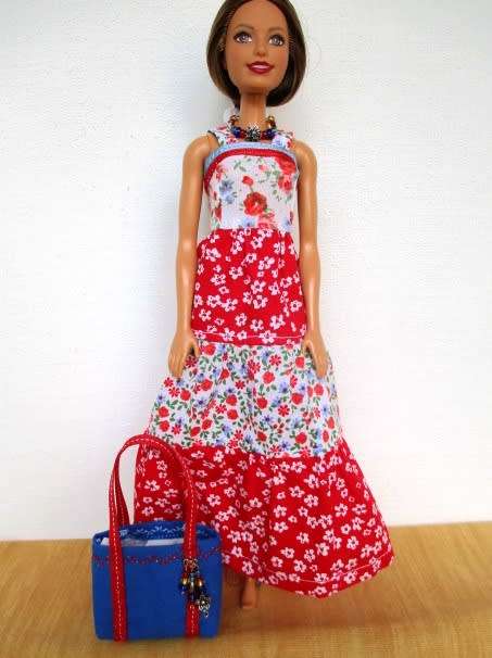 Barbie doll`s long dress + bag and necklace - red/blue