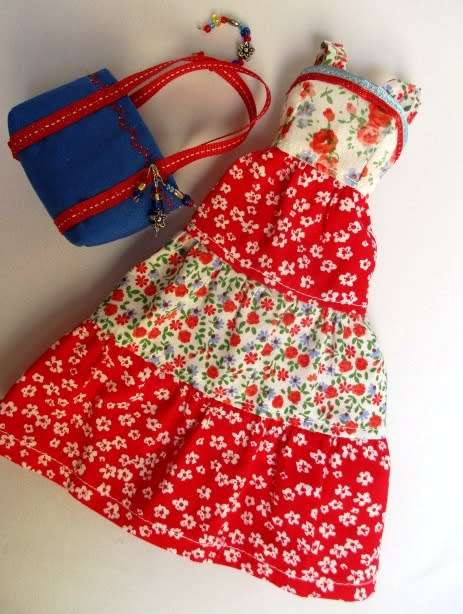 Barbie doll`s long dress + bag and necklace - red/blue