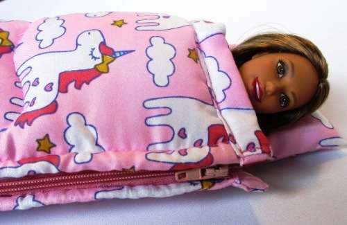 Barbie doll`s sleeping bag - unicorn clouds