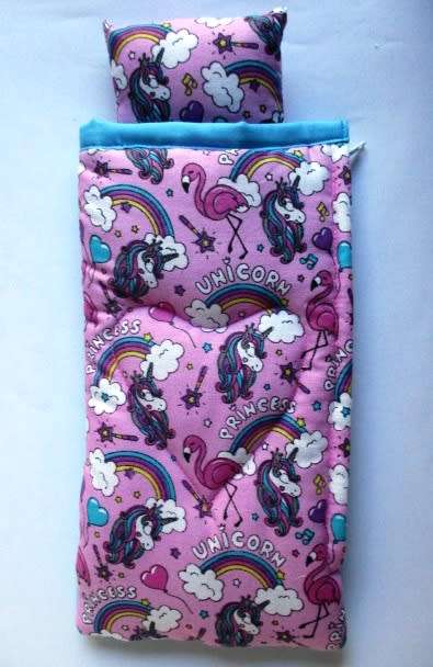 Barbie doll`s sleeping bag - turquoise unicorns and flamingos