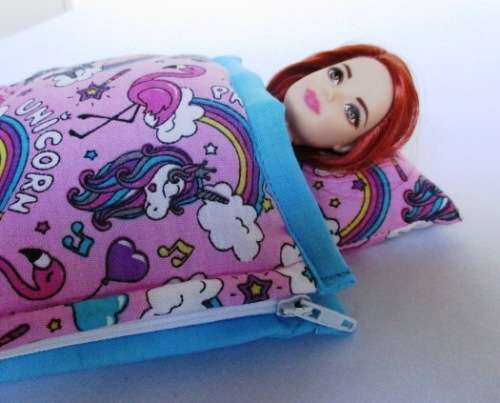 Barbie doll`s sleeping bag - turquoise unicorns and flamingos