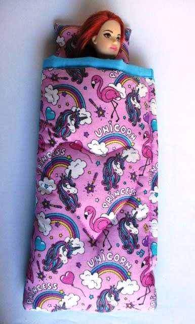 Barbie doll`s sleeping bag - turquoise unicorns and flamingos
