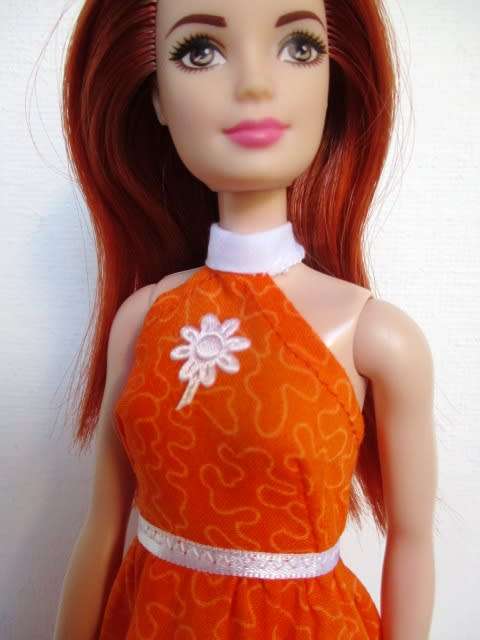 Barbie doll`s halter neck dress - orange white daisy