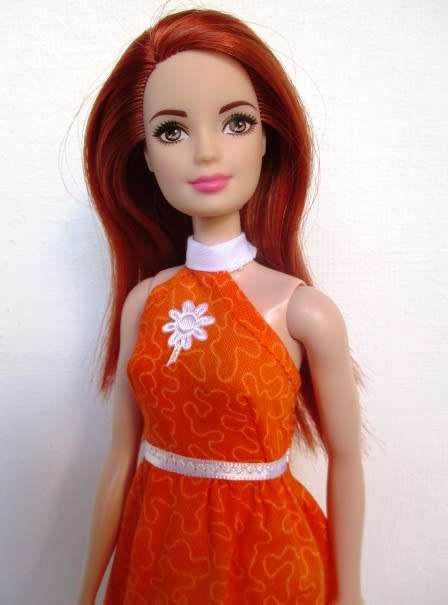 Barbie doll`s halter neck dress - orange white daisy