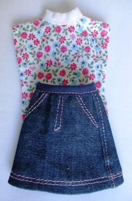 Barbie doll`s skirt and top - denim/pink floral