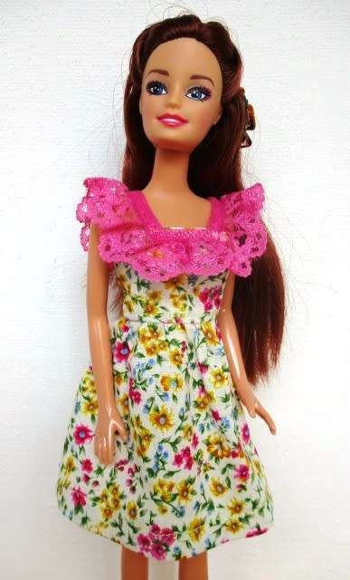 Barbie doll`s dress with gathered lace straps - pink