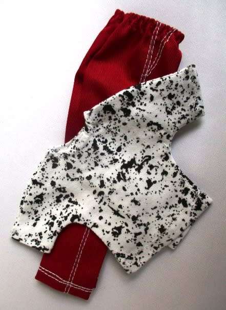 Ken doll`s red pants plus black and white splash t-shirt.