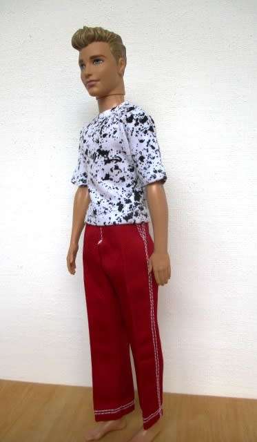 Ken doll`s red pants plus black and white splash t-shirt.