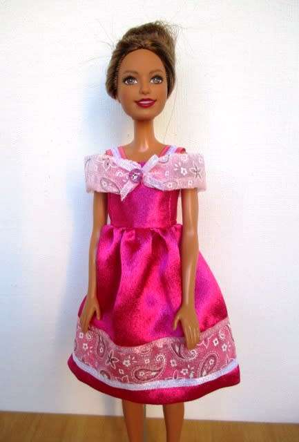 Barbie doll`s party dress - dark pink /printed ribbon