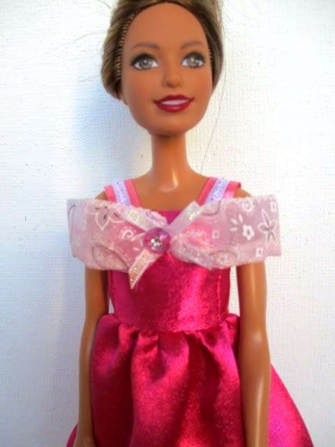 Barbie doll`s party dress - dark pink /printed ribbon